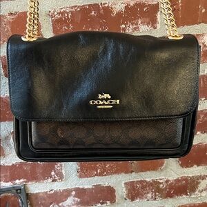 Coach Elodie Black Leather and Signature Waxed Canvas Bag